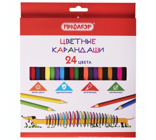 Карандаши цветные ПИФАГОР "Веселая такса", 24 цвета, шестигранные, натуральное дерево, 181808 Карандаши цветные ПИФАГОР "Веселая такса", 24 цвета, шестигранные, натуральное дерево, 181808