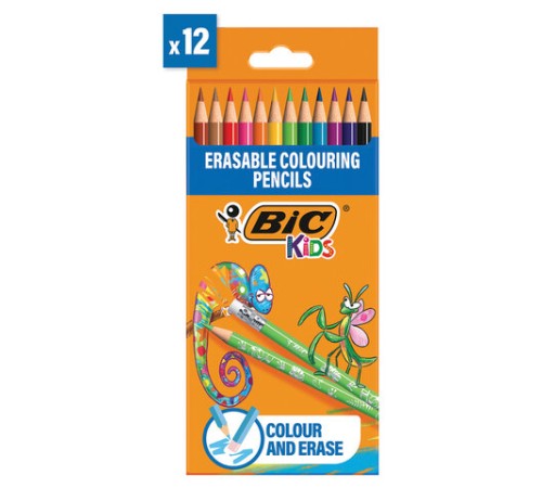 Карандаши цветные стираемые с ластиком BIC "Kids Evolution Illusion", 12 цветов, круглые, 987868