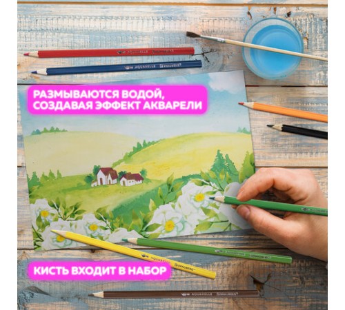 Карандаши цветные акварельные BRAUBERG 12 цветов с КИСТЬЮ, шестигранные, грифель 3 мм, натуральное дерево, 181848 Карандаши цветные акварельные BRAUBERG 12 цветов с КИСТЬЮ, шестигранные, грифель 3 мм, натуральное дерево, 181848