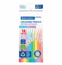 Карандаши цветные BRAUBERG PASTEL, 12 пастельных цветов, трехгранные, грифель 3 мм, натуральное дерево, 181850