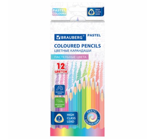 Карандаши цветные BRAUBERG PASTEL, 12 пастельных цветов, трехгранные, грифель 3 мм, натуральное дерево, 181850