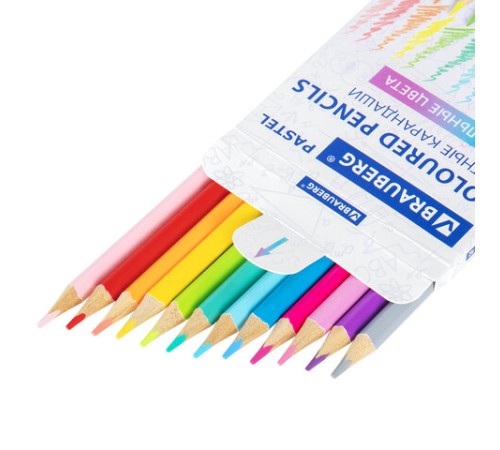 Карандаши цветные BRAUBERG PASTEL, 12 пастельных цветов, трехгранные, грифель 3 мм, натуральное дерево, 181850
