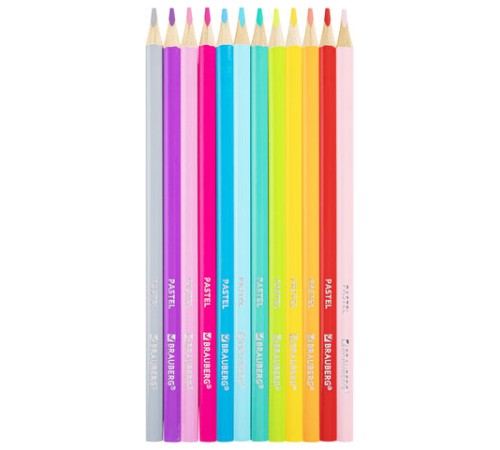 Карандаши цветные BRAUBERG PASTEL, 12 пастельных цветов, трехгранные, грифель 3 мм, натуральное дерево, 181850