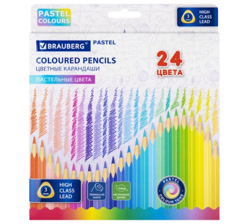 Карандаши цветные BRAUBERG PASTEL, 24 пастельных цвета, трехгранные, грифель 3 мм, натуральное дерево, 181851