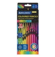 Карандаши цветные BRAUBERG NEON, 12 неоновых цветов, трехгранные, грифель 3 мм, черное дерево, 181852