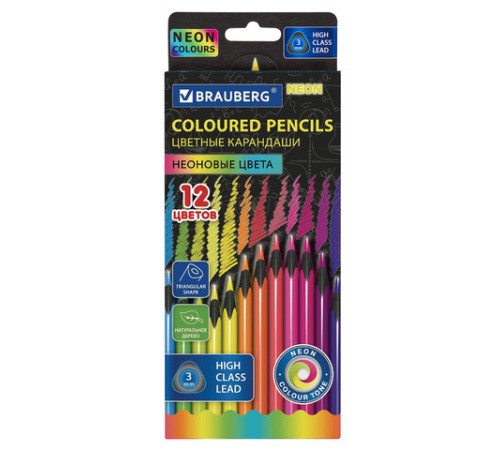 Карандаши цветные BRAUBERG NEON, 12 неоновых цветов, трехгранные, грифель 3 мм, черное дерево, 181852 Карандаши цветные BRAUBERG NEON, 12 неоновых цветов, трехгранные, грифель 3 мм, черное дерево, 181852