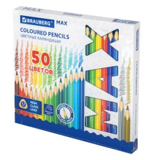 Карандаши цветные супермягкие яркие BRAUBERG MAX, 50 цветов, трехгранные, грифель 3,3 мм, натуральное дерево, 181860