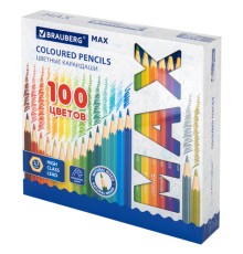Карандаши цветные супермягкие яркие BRAUBERG MAX, 100 цветов, шестигранные, грифель 3,3 мм, натуральное дерево, 181862