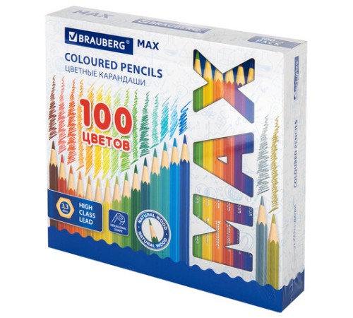 Карандаши цветные супермягкие яркие BRAUBERG MAX, 100 цветов, шестигранные, грифель 3,3 мм, натуральное дерево, 181862