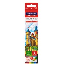 Карандаши цветные мягкие BRAUBERG АКАДЕМИЯ, 6 цветов, шестигранные, грифель 3 мм, натуральное дерево, 181863
