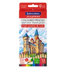 Карандаши цветные мягкие BRAUBERG АКАДЕМИЯ, 12 цветов, шестигранные, грифель 3 мм, натуральное дерево, 181864