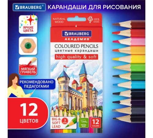 Карандаши цветные мягкие BRAUBERG АКАДЕМИЯ, 12 цветов, шестигранные, грифель 3 мм, натуральное дерево, 181864