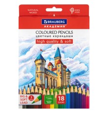 Карандаши цветные мягкие BRAUBERG АКАДЕМИЯ, 18 цветов, шестигранные, грифель 3 мм, натуральное дерево, 181865
