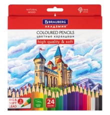 Карандаши цветные мягкие BRAUBERG АКАДЕМИЯ, 24 цвета, шестигранные, грифель 3 мм, натуральное дерево, 181866