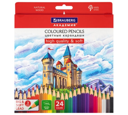 Карандаши цветные мягкие BRAUBERG АКАДЕМИЯ, 24 цвета, шестигранные, грифель 3 мм, натуральное дерево, 181866 Карандаши цветные мягкие BRAUBERG АКАДЕМИЯ, 24 цвета, шестигранные, грифель 3 мм, натуральное дерево, 181866
