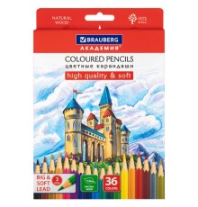Карандаши цветные мягкие BRAUBERG АКАДЕМИЯ, 36 цветов, шестигранные, грифель 3 мм, натуральное дерево, 181867