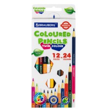 Карандаши цветные двусторонние BRAUBERG PREMIUM TWIN COLOUR, 12 штук, 24 цвета, шестигранные, грифель 3,3 мм, натуральное дерево, 181874