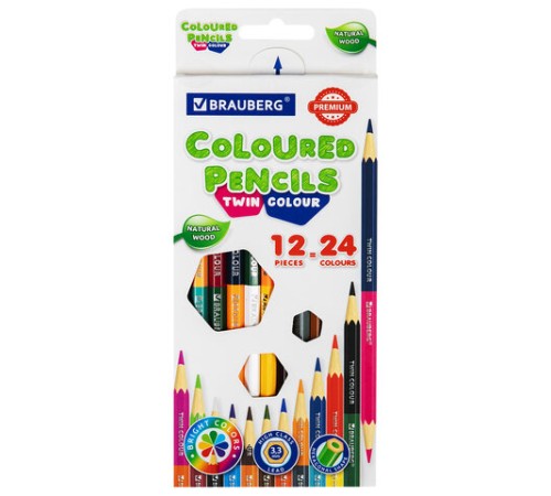 Карандаши цветные двусторонние BRAUBERG PREMIUM TWIN COLOUR, 12 штук, 24 цвета, шестигранные, грифель 3,3 мм, натуральное дерево, 181874 Карандаши цветные двусторонние BRAUBERG PREMIUM TWIN COLOUR, 12 штук, 24 цвета, шестигранные, грифель 3,3 мм, натуральное дерево, 181874