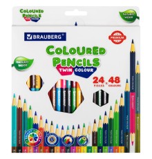 Карандаши цветные двусторонние BRAUBERG PREMIUM TWIN COLOUR, 24 штуки, 48 цветов, шестигранные, грифель 3,3 мм, натуральное дерево, 181875
