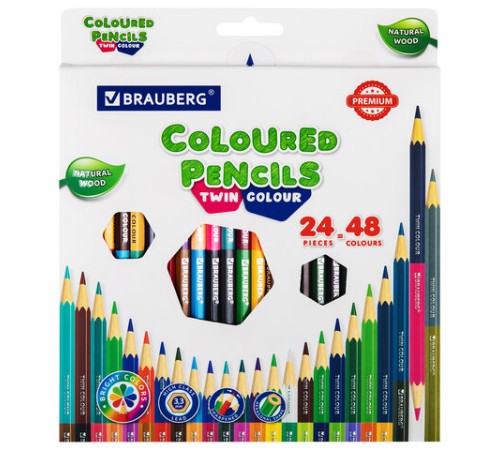 Карандаши цветные двусторонние BRAUBERG PREMIUM TWIN COLOUR, 24 штуки, 48 цветов, шестигранные, грифель 3,3 мм, натуральное дерево, 181875 Карандаши цветные двусторонние BRAUBERG PREMIUM TWIN COLOUR, 24 штуки, 48 цветов, шестигранные, грифель 3,3 мм, натуральное дерево, 181875
