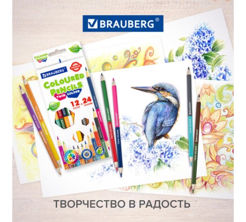 Карандаши цветные двусторонние BRAUBERG PREMIUM TWIN COLOUR, 24 штуки, 48 цветов, шестигранные, грифель 3,3 мм, натуральное дерево, 181875 Карандаши цветные двусторонние BRAUBERG PREMIUM TWIN COLOUR, 24 штуки, 48 цветов, шестигранные, грифель 3,3 мм, натуральное дерево, 181875