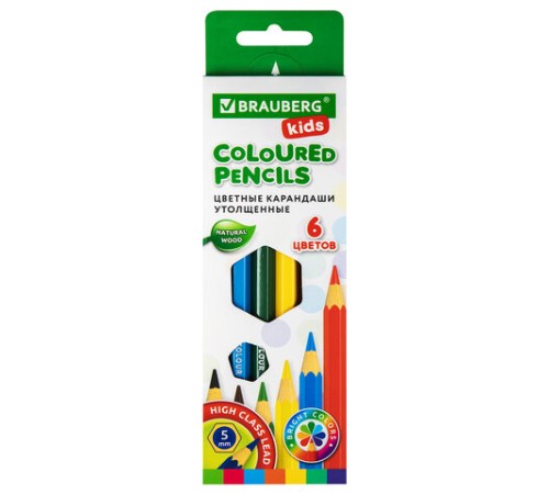 Карандаши цветные утолщенные BRAUBERG KIDS, 6 цветов, шестигранные, грифель 5 мм, натуральное дерево, 181877