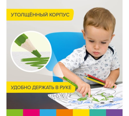 Карандаши цветные утолщенные BRAUBERG KIDS, 6 цветов, шестигранные, грифель 5 мм, натуральное дерево, 181877