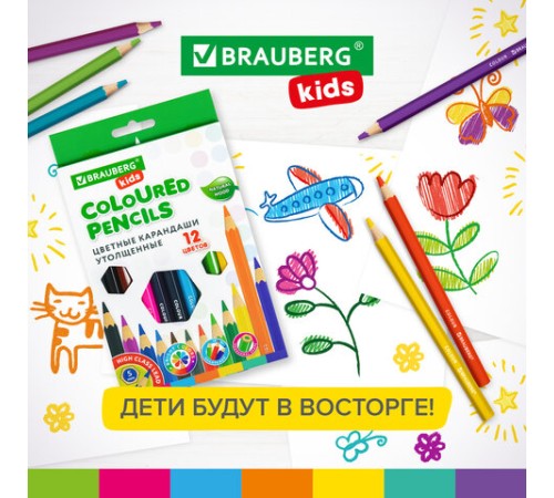 Карандаши цветные утолщенные BRAUBERG KIDS, 12 цветов, шестигранные, грифель 5 мм, натуральное дерево, 181878