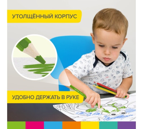 Карандаши цветные утолщенные BRAUBERG KIDS, 12 цветов, шестигранные, грифель 5 мм, натуральное дерево, 181878