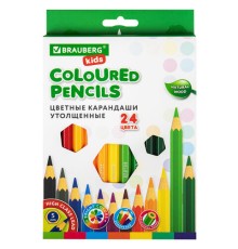 Карандаши цветные утолщенные BRAUBERG KIDS, 24 цвета, шестигранные, грифель 5 мм, натуральное дерево, 181879