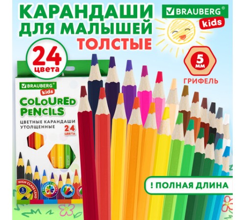 Карандаши цветные утолщенные BRAUBERG KIDS, 24 цвета, шестигранные, грифель 5 мм, натуральное дерево, 181879