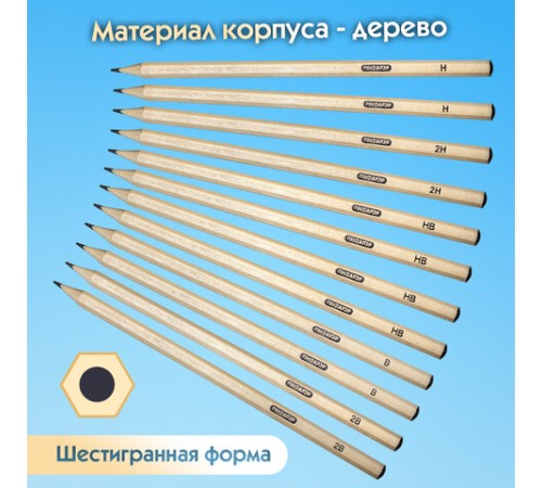 Карандаши чернографитные чертежные школьные разной твердости НАБОР 12 штук 2H-2B, ПИФАГОР, 181883 Карандаши чернографитные чертежные школьные разной твердости НАБОР 12 штук 2H-2B, ПИФАГОР, 181883