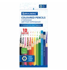 Карандаши цветные стираемые с ластиком BRAUBERG ERASABLE, 12 цветов, шестигранные, грифель 3 мм, натуральное дерево, 181932