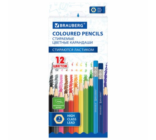 Карандаши цветные стираемые с ластиком BRAUBERG ERASABLE, 12 цветов, шестигранные, грифель 3 мм, натуральное дерево, 181932 Карандаши цветные стираемые с ластиком BRAUBERG ERASABLE, 12 цветов, шестигранные, грифель 3 мм, натуральное дерево, 181932