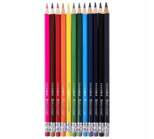 Карандаши цветные стираемые с ластиком BRAUBERG ERASABLE, 12 цветов, шестигранные, грифель 3 мм, натуральное дерево, 181932 Карандаши цветные стираемые с ластиком BRAUBERG ERASABLE, 12 цветов, шестигранные, грифель 3 мм, натуральное дерево, 181932