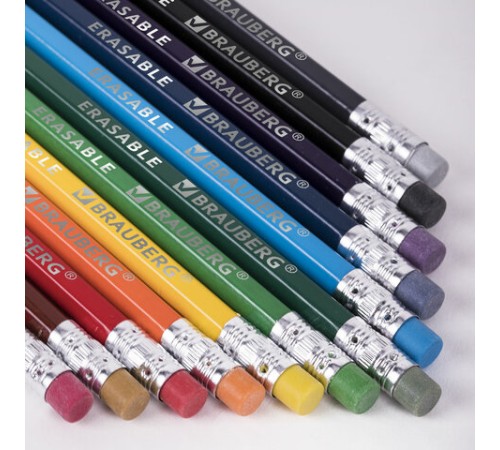 Карандаши цветные стираемые с ластиком BRAUBERG ERASABLE, 12 цветов, шестигранные, грифель 3 мм, натуральное дерево, 181932 Карандаши цветные стираемые с ластиком BRAUBERG ERASABLE, 12 цветов, шестигранные, грифель 3 мм, натуральное дерево, 181932