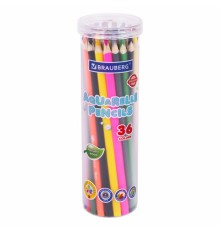 Карандаши цветные акварельные BRAUBERG PREMIUM AQUARELLE 36 цветов в тубе, трехгранные, утолщенный грифель 4 мм, натуральное дерево,181933