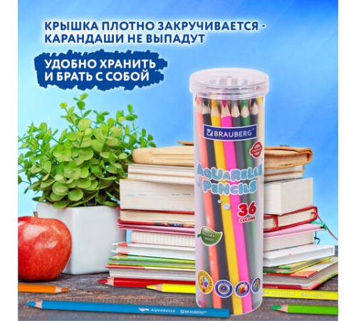 Карандаши цветные акварельные BRAUBERG PREMIUM AQUARELLE 36 цветов в тубе, трехгранные, утолщенный грифель 4 мм, натуральное дерево,181933