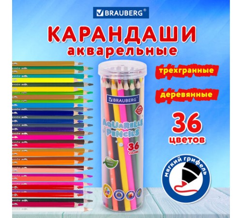 Карандаши цветные акварельные BRAUBERG PREMIUM AQUARELLE 36 цветов в тубе, трехгранные, утолщенный грифель 4 мм, натуральное дерево,181933