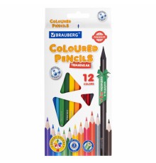 Карандаши цветные BRAUBERG PREMIUM 12 цветов + 1 чернографитный карандаш, трехгранные, грифель 3 мм, 181936