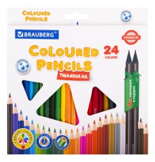 Карандаши цветные BRAUBERG PREMIUM 24 цвета + 2 чернографитных карандаша, трехгранные, грифель 3 мм, 181937