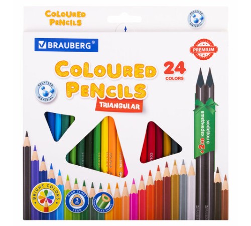 Карандаши цветные BRAUBERG PREMIUM 24 цвета + 2 чернографитных карандаша, трехгранные, грифель 3 мм, 181937 Карандаши цветные BRAUBERG PREMIUM 24 цвета + 2 чернографитных карандаша, трехгранные, грифель 3 мм, 181937