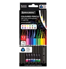 Карандаши цветные чёрное дерево BRAUBERG BLACK WOOD, 12 цветов, трехгранные, мягкий грифель 3 мм, 181948