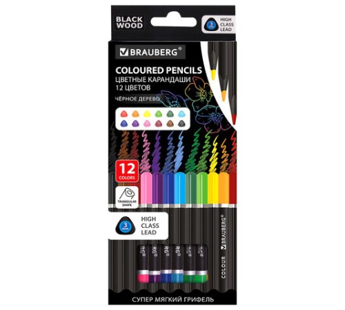 Карандаши цветные чёрное дерево BRAUBERG BLACK WOOD, 12 цветов, трехгранные, мягкий грифель 3 мм, 181948 Карандаши цветные чёрное дерево BRAUBERG BLACK WOOD, 12 цветов, трехгранные, мягкий грифель 3 мм, 181948