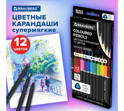 Карандаши цветные чёрное дерево BRAUBERG BLACK WOOD, 12 цветов, трехгранные, мягкий грифель 3 мм, 181948 Карандаши цветные чёрное дерево BRAUBERG BLACK WOOD, 12 цветов, трехгранные, мягкий грифель 3 мм, 181948