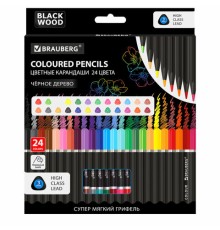 Карандаши цветные чёрное дерево BRAUBERG BLACK WOOD, 24 цвета, трехгранные, мягкий грифель 3 мм, 181949