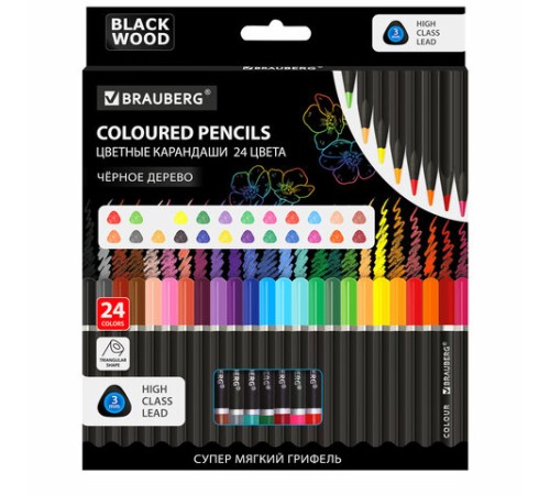 Карандаши цветные чёрное дерево BRAUBERG BLACK WOOD, 24 цвета, трехгранные, мягкий грифель 3 мм, 181949 Карандаши цветные чёрное дерево BRAUBERG BLACK WOOD, 24 цвета, трехгранные, мягкий грифель 3 мм, 181949