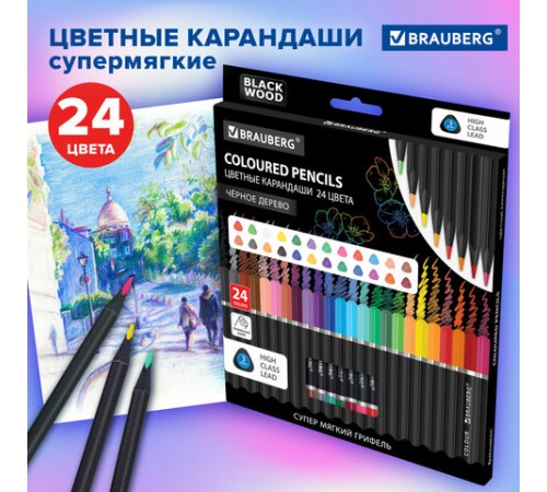 Карандаши цветные чёрное дерево BRAUBERG BLACK WOOD, 24 цвета, трехгранные, мягкий грифель 3 мм, 181949 Карандаши цветные чёрное дерево BRAUBERG BLACK WOOD, 24 цвета, трехгранные, мягкий грифель 3 мм, 181949