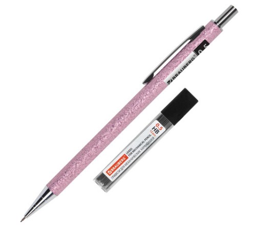 Карандаш механический 0,5 мм + грифели HB 12 штук на блистере, BRAUBERG "ROSE PINK", 181971