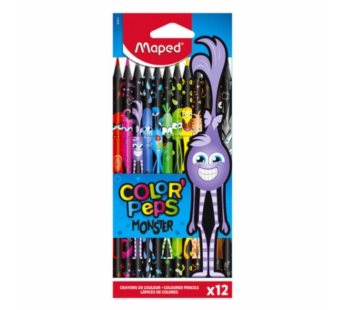 Карандаши цветные MAPED "COLOR PEP'S Black Monster", 12 цветов, трехгранные, 862612 Карандаши цветные MAPED "COLOR PEP'S Black Monster", 12 цветов, трехгранные, 862612
